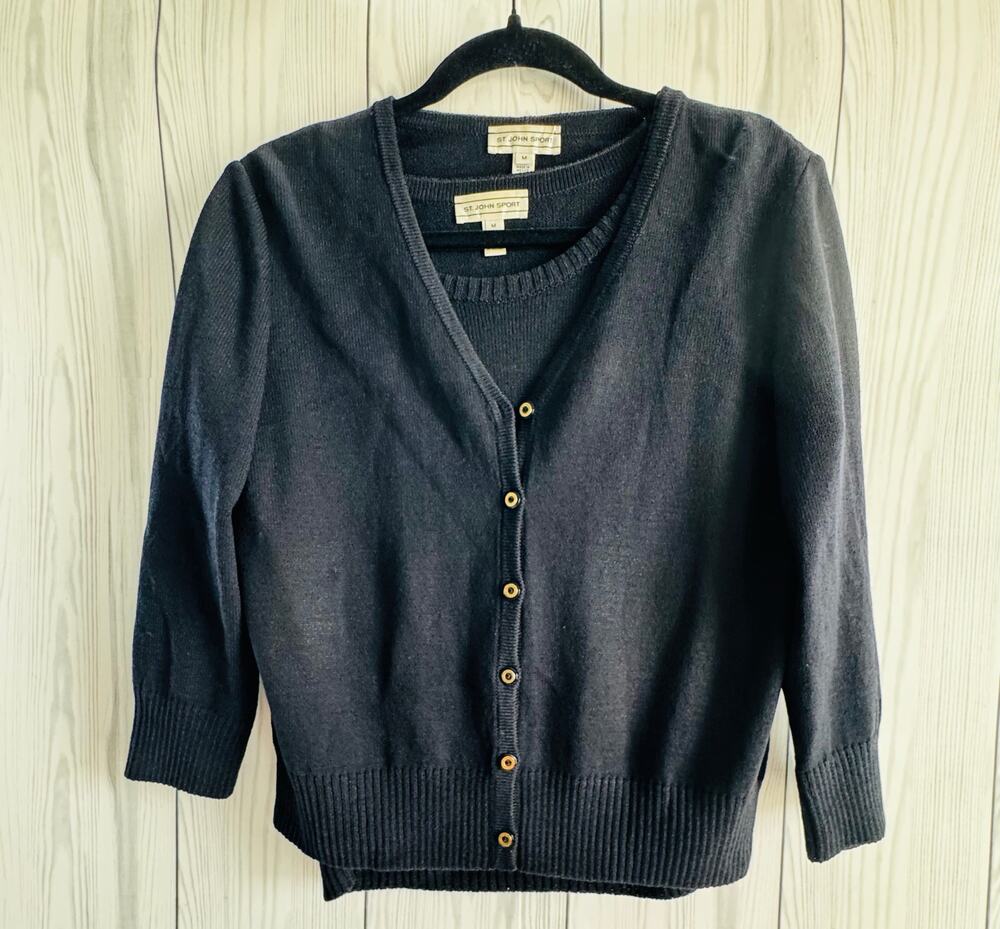 ST. JOHN SPORT Knits Black Sweater Cardigan Gold & Tank Top Set Size Medium
